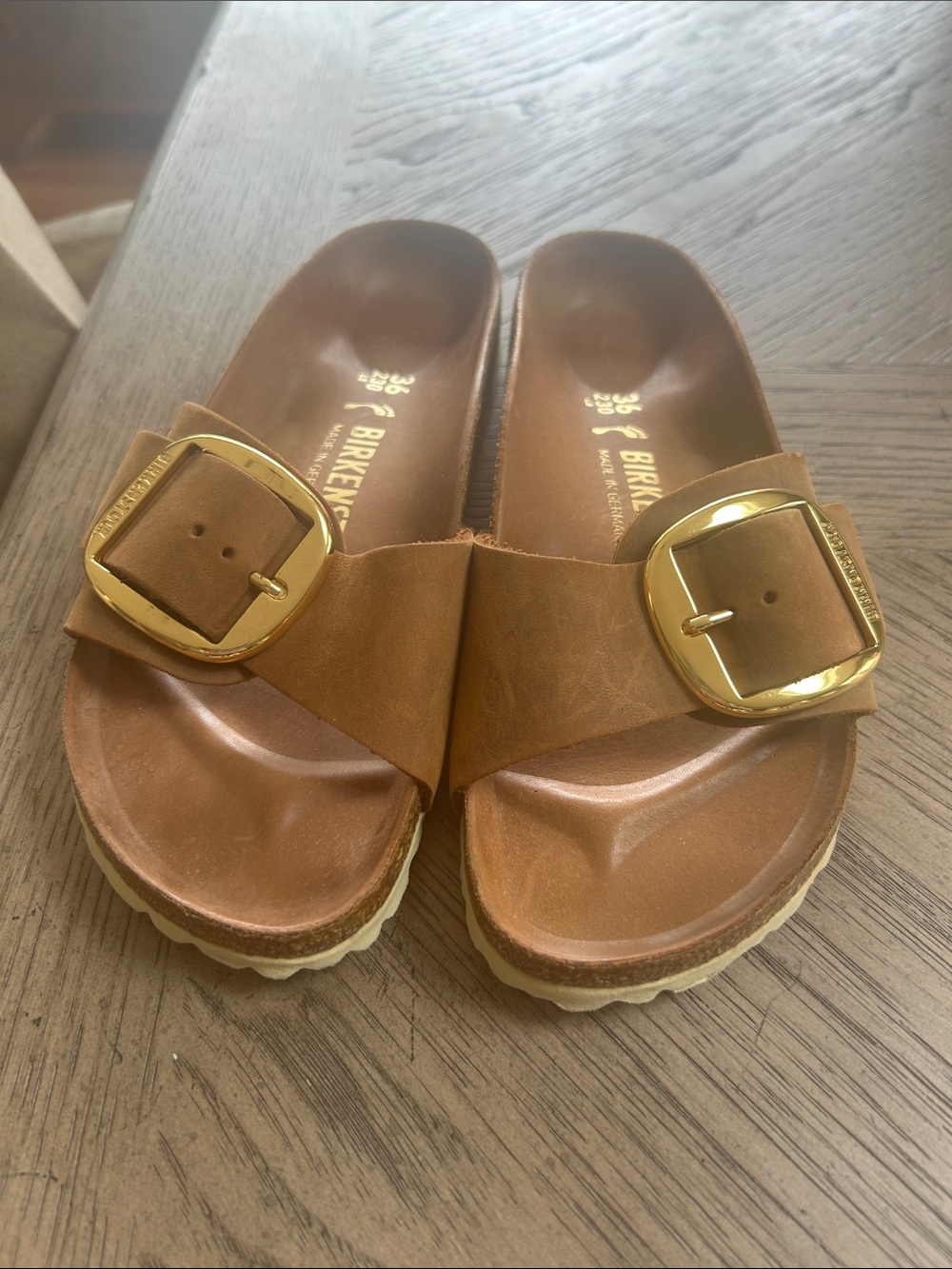 Birkenstock Tan Leather Sandal with Gold Buckle